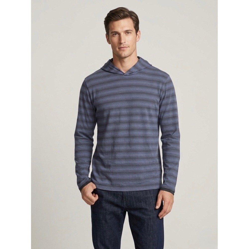 Vince Mens Blue Striped Long Sleeve Hoodie Cotton Modal Pullover Size Large